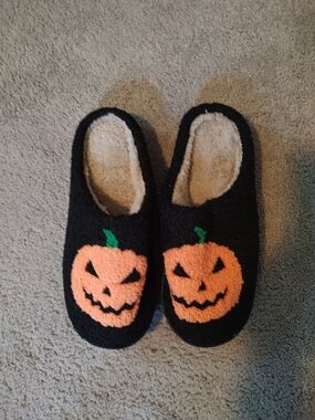 Women's Black Slipper Mules with Orange Pumpkin Accent